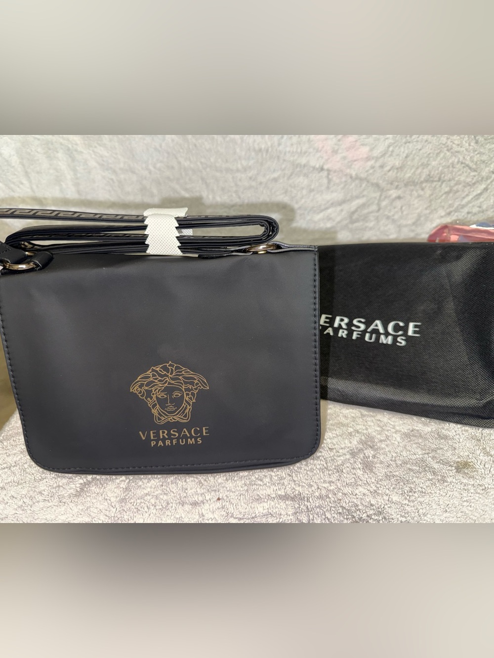 Versace parfums Black Messenger Bag with Gold Medusa Detail